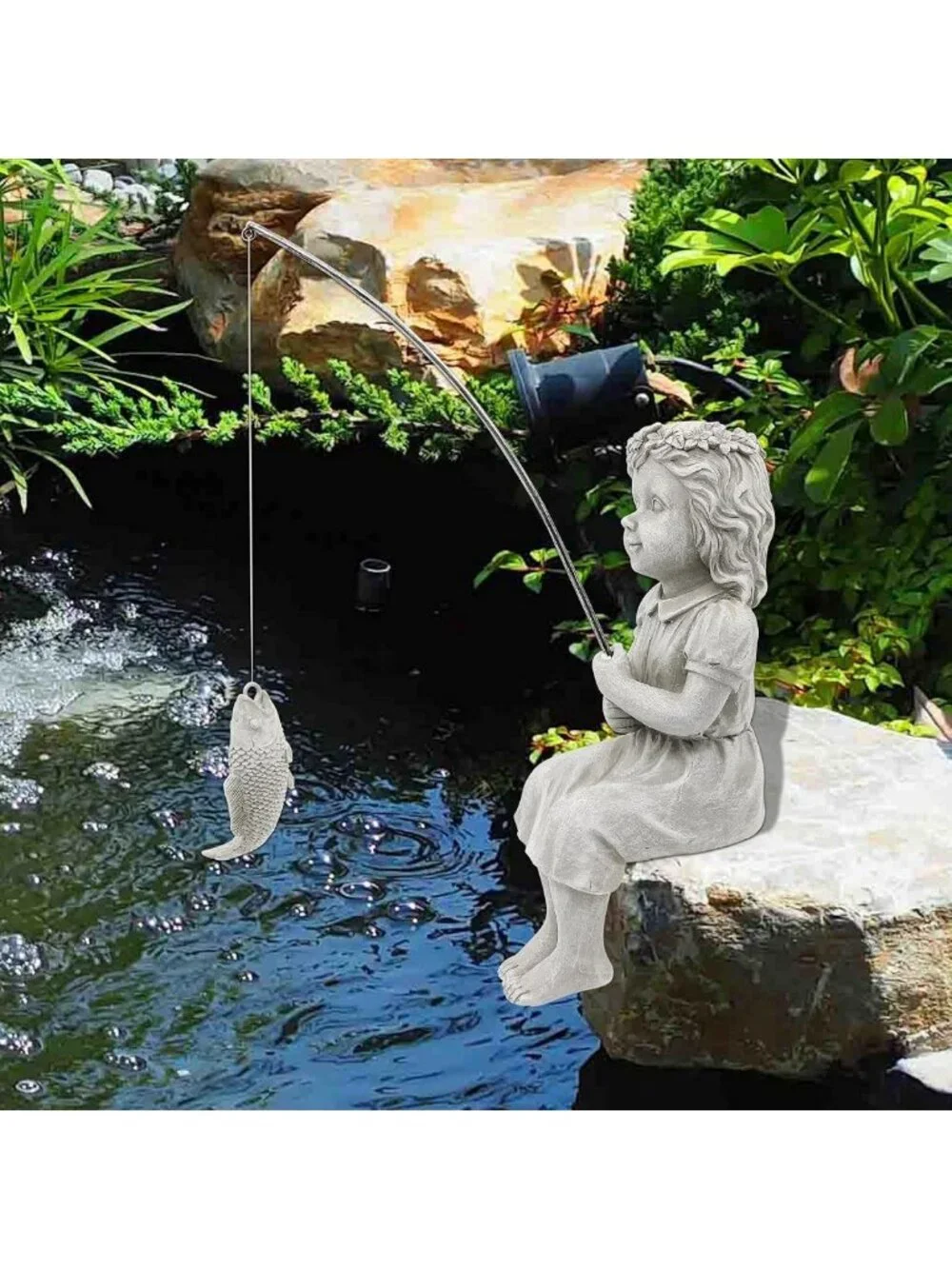 Charming Fishergirl Statue for Garden, Home & Pond Decor | Outdoor/Indoor